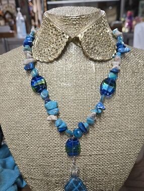 Handmade Blue Glass Howlite & Turquoise Stone Necklace 20"